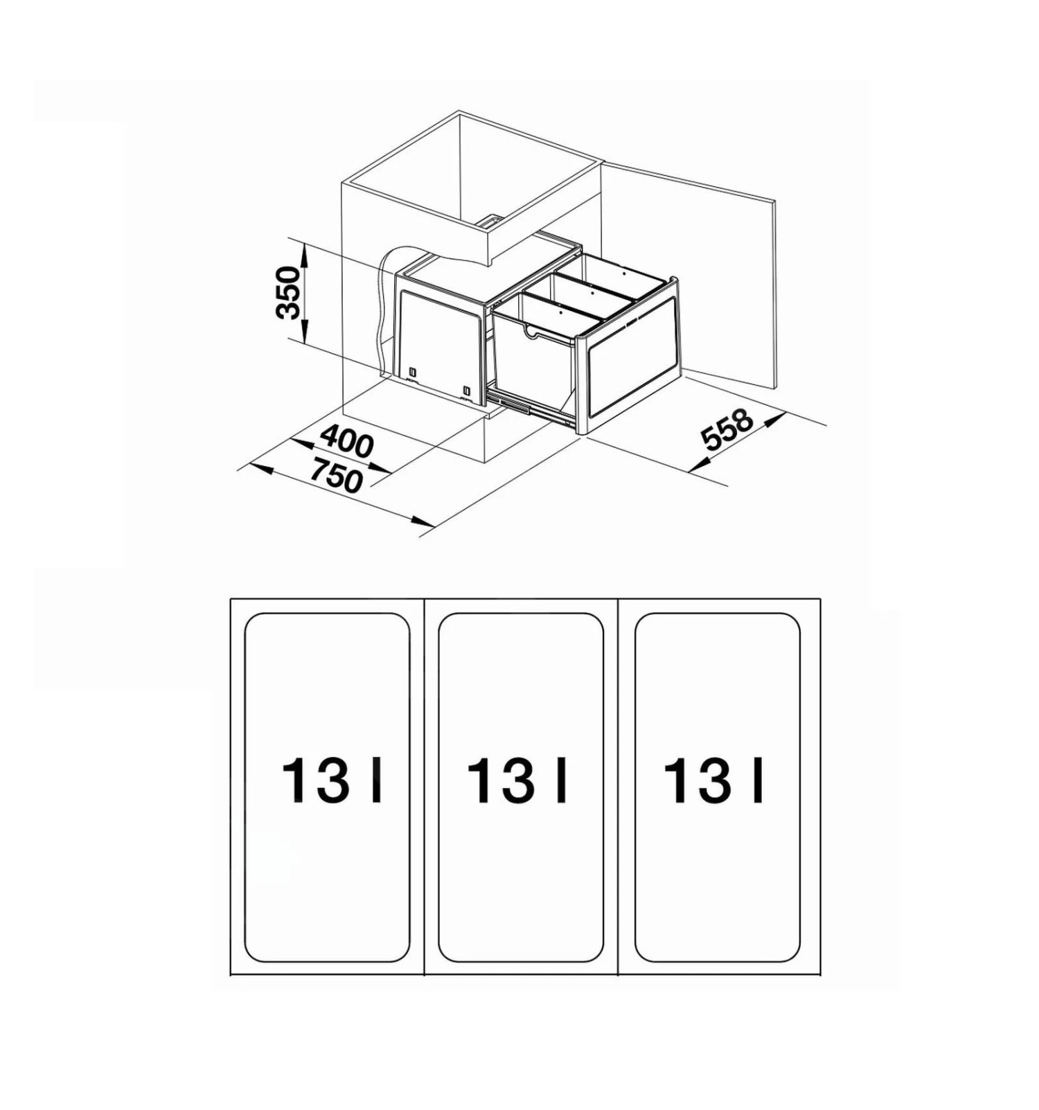 Blanco Botton Pro - Afvalsorteersysteem, Met Scheidingswand, Inhoud 39 L 517470 - Afbeelding 2