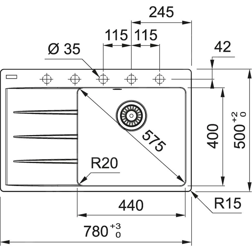 Franke Centro - Fragraniet Spoelbak CNG 611-78 TL/7, 780x500 Mm, Mat Zwart 114.0637.506 - Afbeelding 2