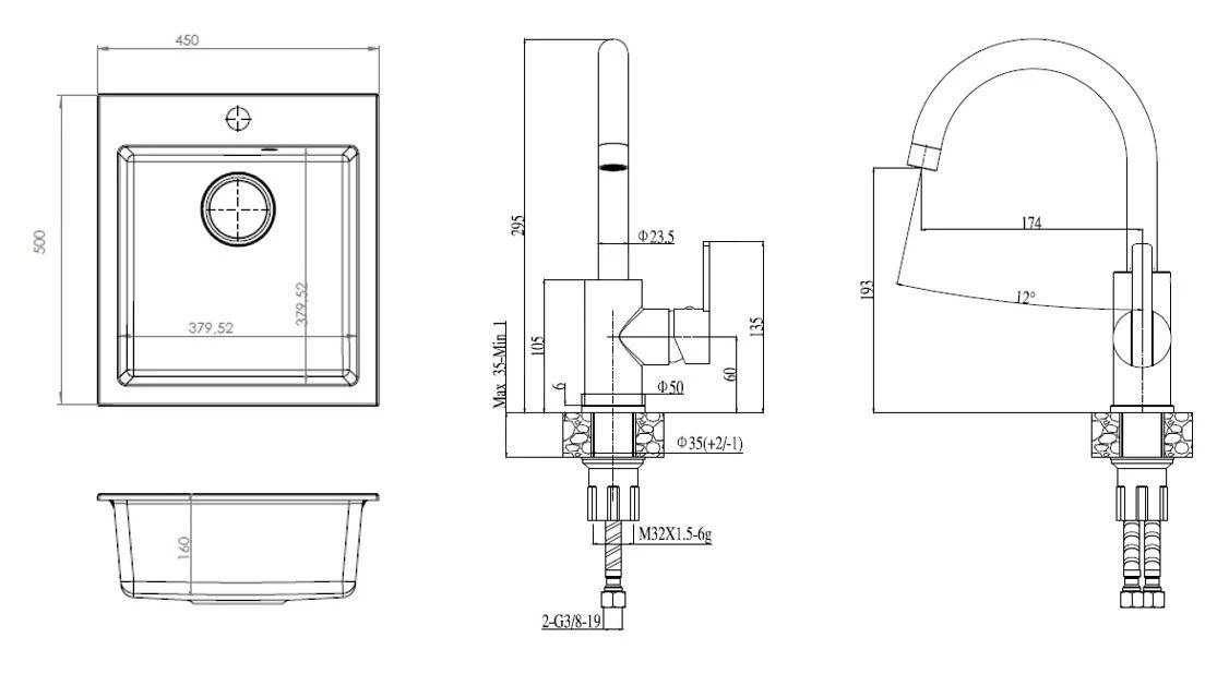 Alveus Sets - Set Granieten Spoelbak Cortina 20 En Keukenkraan Tonia, Carbon SETA737 - Afbeelding 2