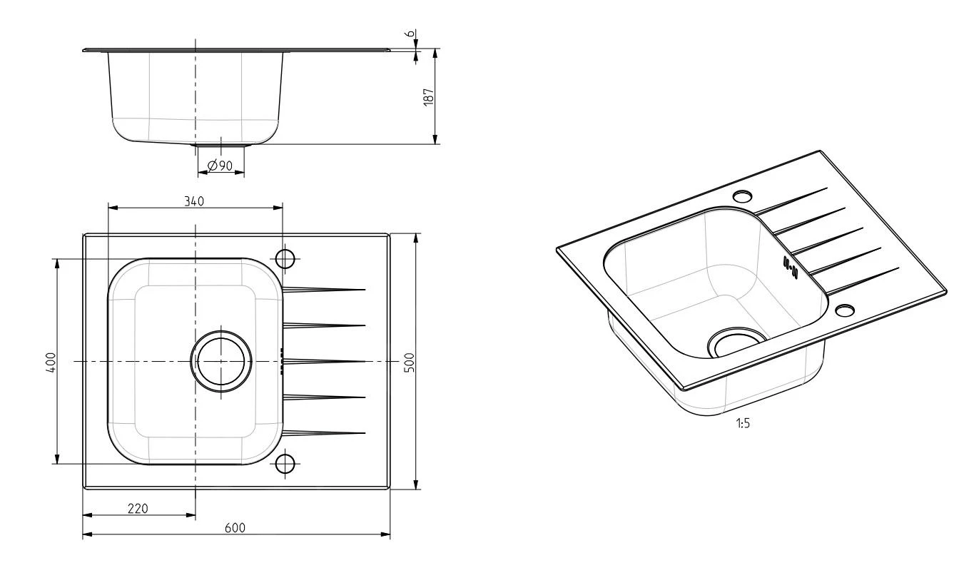 Alveus Altone - Spoelbak 600x500 Mm, Met Draaiknopbediening, Grijs Glas/rvs 1130526 - Afbeelding 2