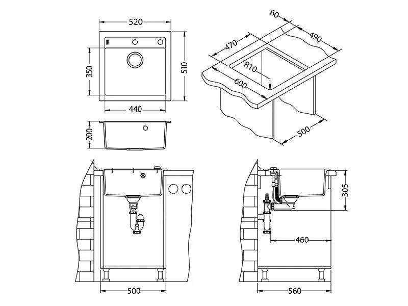 Alveus Formic - Granieten Spoelbak 520x510 Mm, Met Draaiknopbediening, Carbon 1107890 - Afbeelding 2