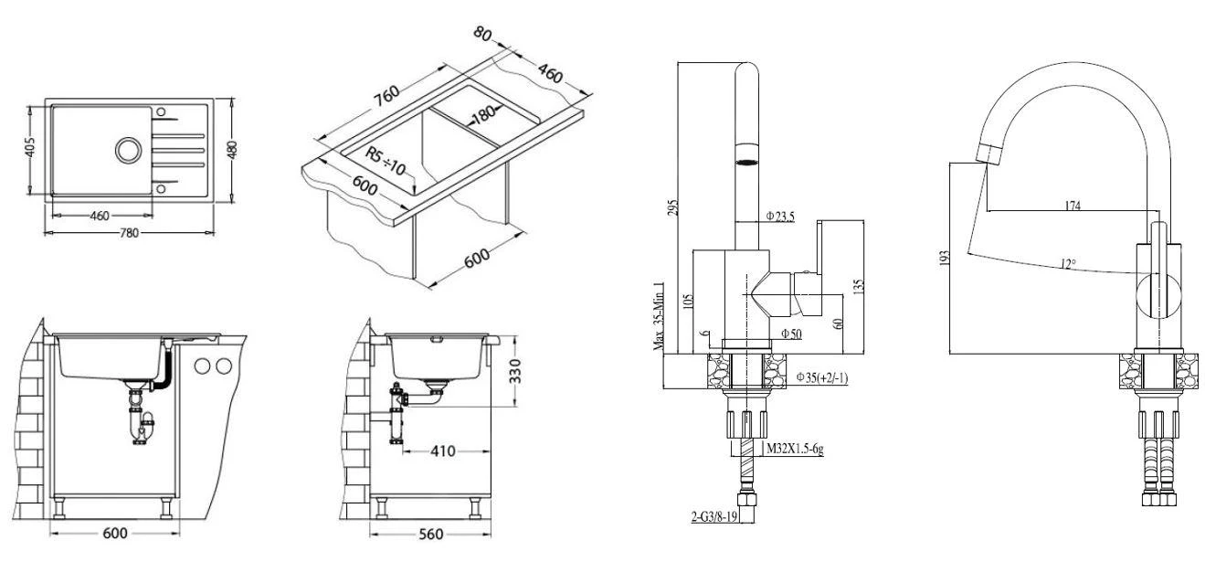 Alveus Sets - Set Spoelbak Intermezzo 130 En Keukenkraan Tonia, Concrete SETA026 - Afbeelding 2