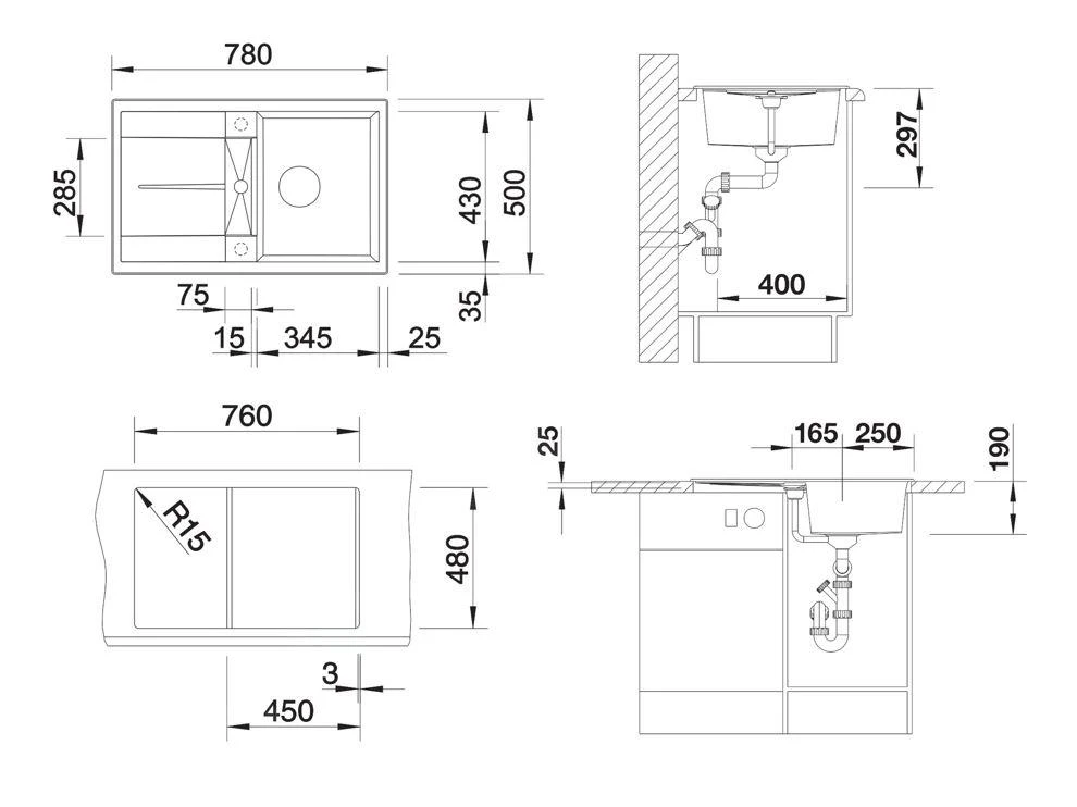 Blanco Metra 45 - Silgranit Spoelbak, 780x500 Mm, Met Afvoerbediening, Grijs 527288 - Afbeelding 2