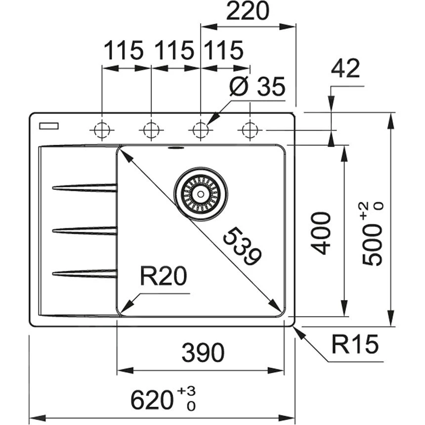 Franke Sets - Set G214, Fragraniet Spoelbak CNG 611-62 TL/2 En Keukenkraan FP 0408.031, Onyx/chroom 114.0650.762 - Afbeelding 2