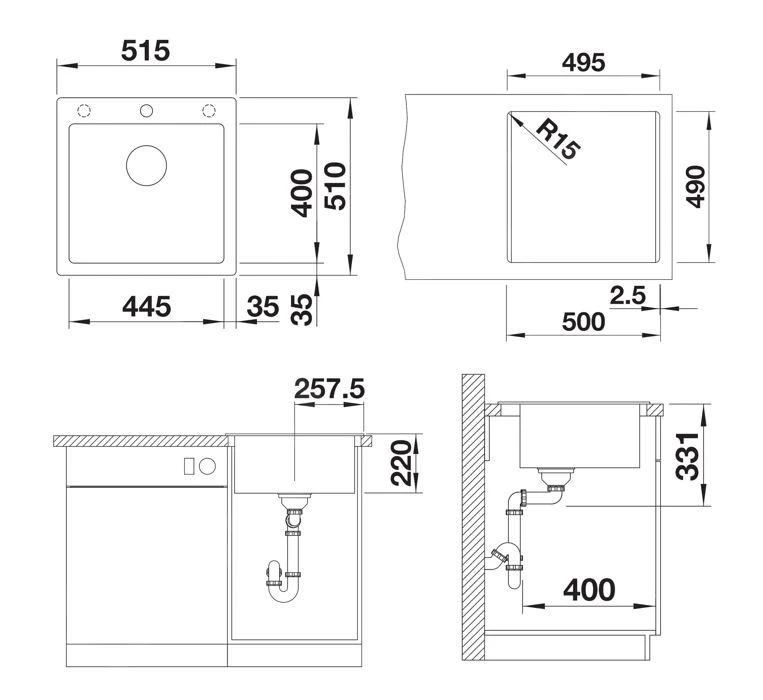 Blanco Pleon 5 - Silgranit Spoelbak, 515x510 Mm, Met Afvoerbediening, InFino, Grijs 527317 - Afbeelding 2