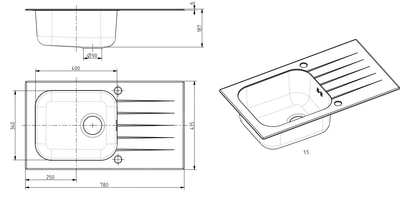 Alveus Altone - Spoelbak 780x435 Mm, Met Draaiknopbediening, Grijs Glas/rvs 1130528 - Afbeelding 2