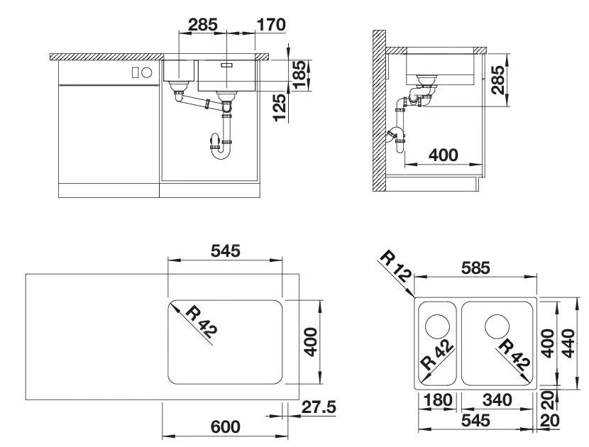 Blanco Solis 340/180 - Spoelbak, 585x440 Mm, Geborsteld Rvs 526128 - Afbeelding 2