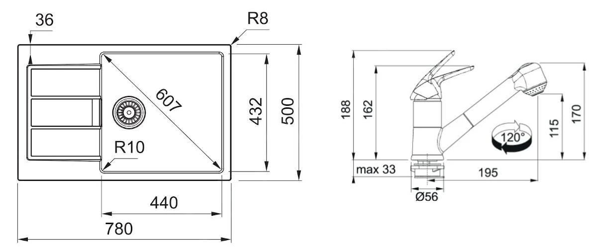 Franke Sets - Set T89, Tectonite Spoelbak S2D 611-78 XL En Keukenkraan FN 0642.031 ECO, Zwart/chroom 143.0618.747 - Afbeelding 2