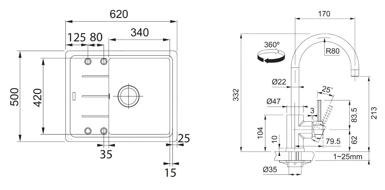 Franke Sets - Keukenset G54, BFG 611-62 Graniet Spoelbak, Grijze Steen + FC 650 Keukenkraan, Chroom 114.0323.813 - Afbeelding 2