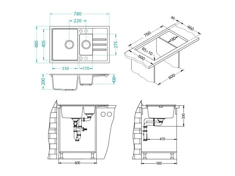 Alveus Intermezzo - Granieten Spoelbak 780x480 Mm, Beige 1117053 - Afbeelding 2