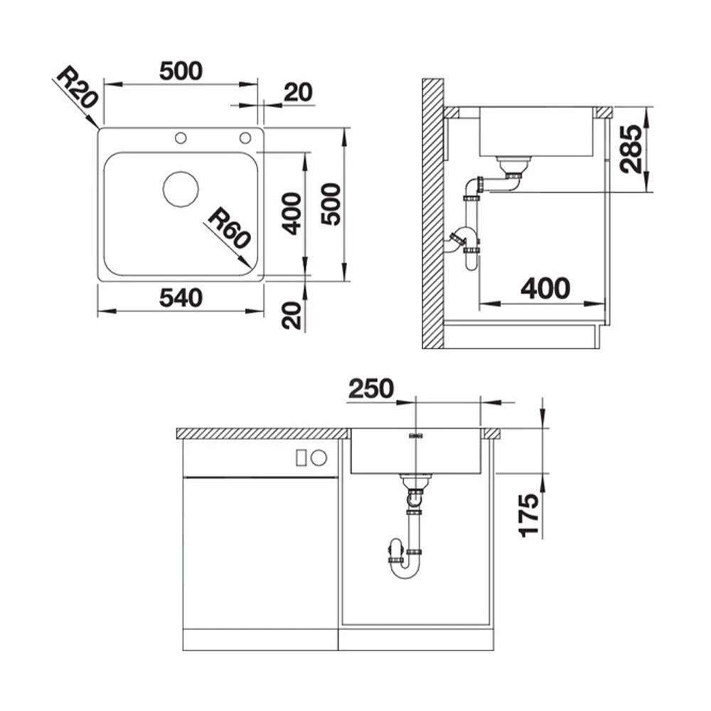 Blanco Supra 500 - Spoelbak, 540x500 Mm, Met Draaiknopbediening, Geborsteld Rvs 526355 - Afbeelding 2