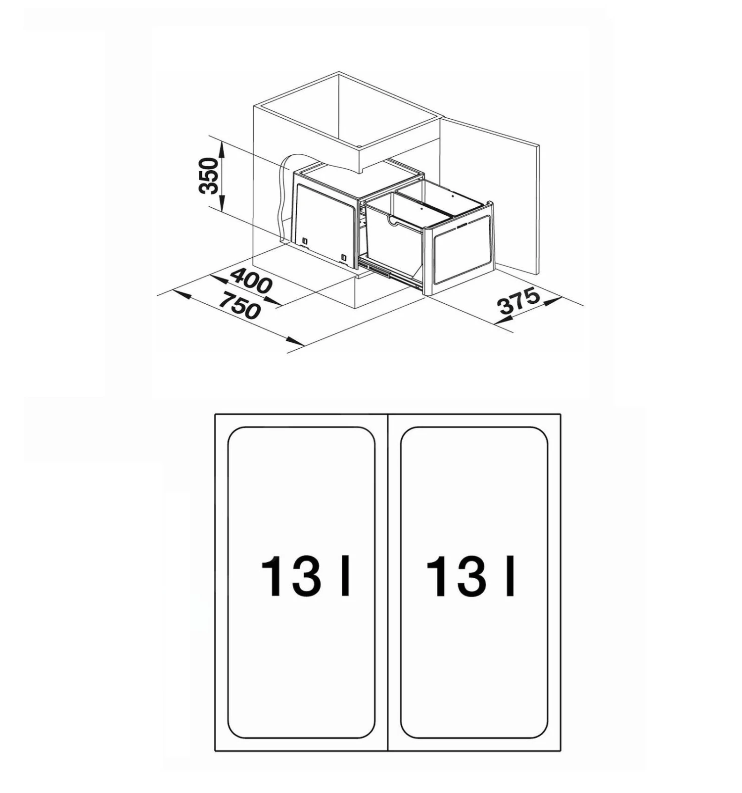 Blanco Botton Pro - Afvalsorteersysteem, Met Scheidingswand, Inhoud 26 L 517467 - Afbeelding 2